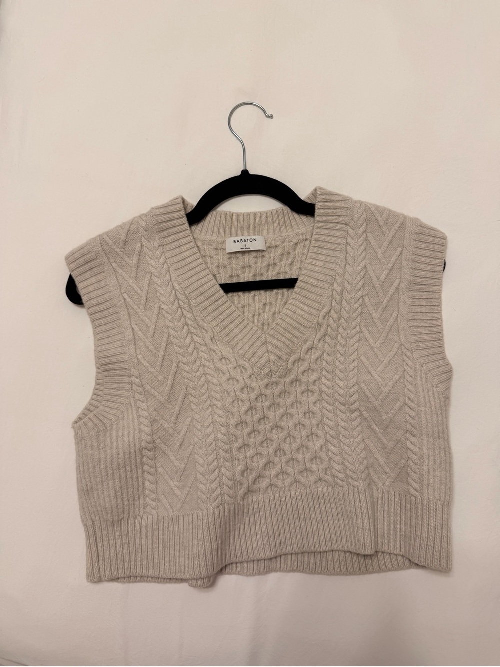 Babaton Neutral Cable-Knit V-Neck Sweater Vest — Light Taupe
